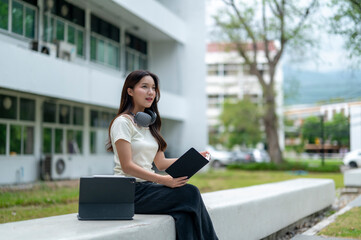 A woman sits on a bench with a book in her lap