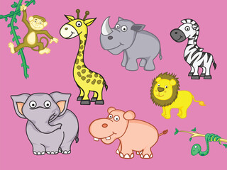 Cute funny animals set including giraffe, zebra, hippo, lion, elephant, snake, monkey and rhinoceros on pink background.