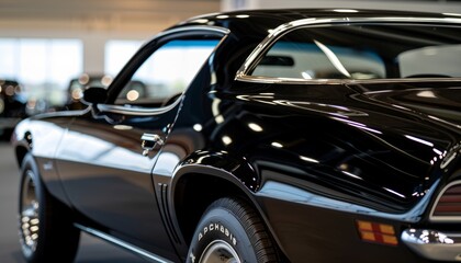 Close up of vintage car with shiny body on display at auto show for detailed showcase