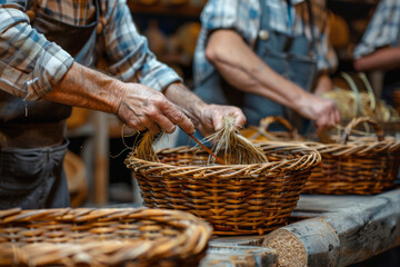 Skilled craftsmen weave wicker baskets in a traditional workshop, focusing on detailed handiwork and using natural materials.