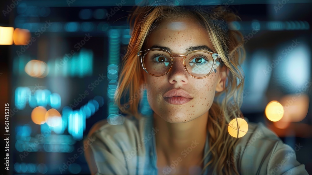Poster a woman with glasses deeply analyzing data on a screen in a technological setting, with various grap