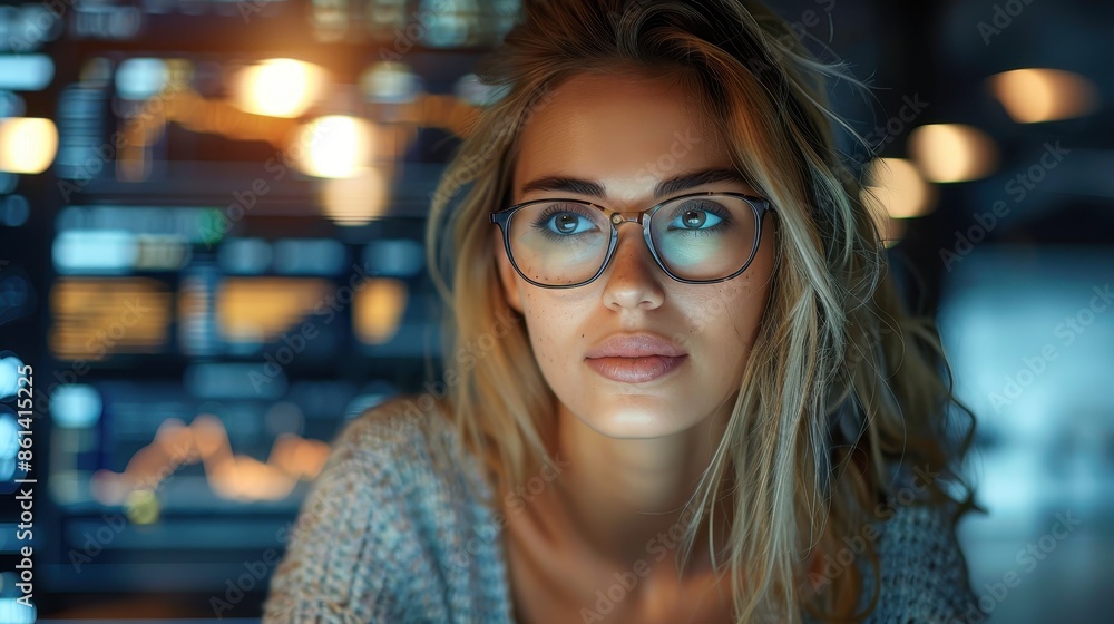 Poster a woman in glasses deeply focused on data presented on numerous tech screens, showcasing various fin