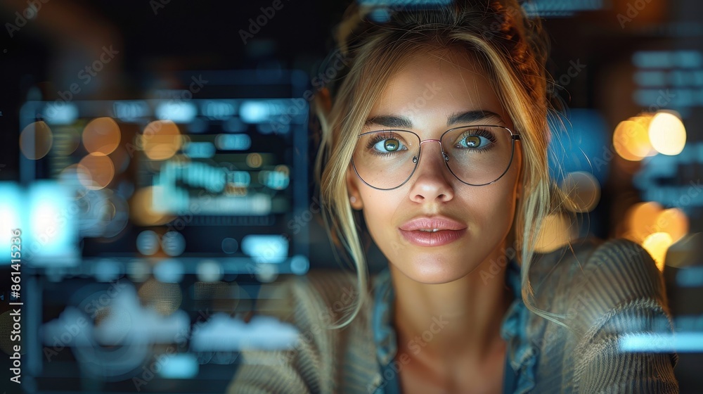 Poster a woman wearing glasses working on various tech data screens in an office environment, focusing inte