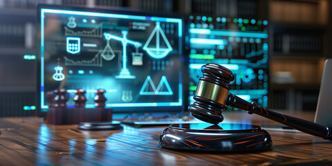Regulation compliance. Law regulation and policy concept. Gavel with law information on virtual screen
