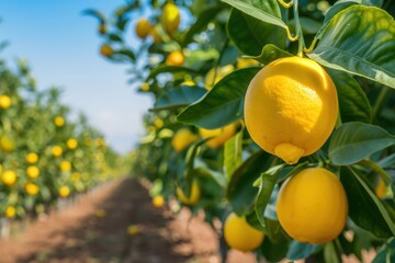 Ripe lemons hanging on a tree branch in a sunny lemon grove.