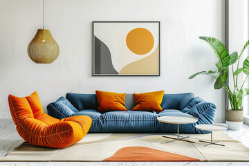 Blue sofa and orange lounge chair against white wall with art frame. Scandinavian interior design of modern living room.