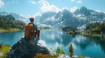 Hiker Resting on Boulder with Panoramic View of Serene Lake and Mountains