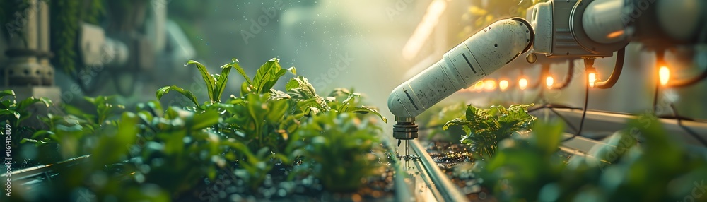 Aufkleber futuristic automated farming setup with hydroponic systems and robotic harvesting