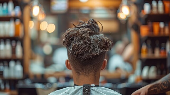 A close-up image shows the textured haircut of a man from the back within a modern barber shop, emphasizing the detailed hairstyling techniques in a contemporary setting.