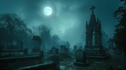 A full moon illuminates a foggy graveyard at night