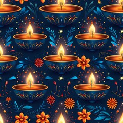 A seamless pattern.A joyful Diwali-themed vector artwork featuring glowing diyas, intricate rangoli patterns, and festive fireworks, set against a deep blue backdrop for a seamless design.