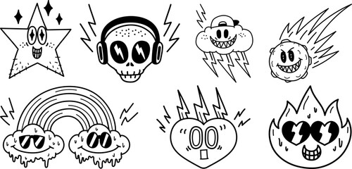 Set of Street art doodle graphic element Star, Skull, Cloud, Meteor, Rainbow, and Heart with Bold Outlines and Cartoonish Expressions