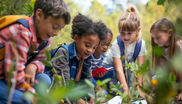 Outdoor education scene with school children learning about sustainability in nature.