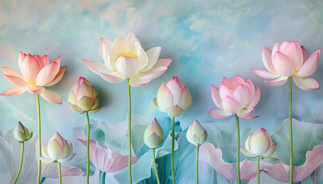 A mesmerizing array of pink and white lotus flowers gracefully bloom against a dreamy pastel background creating a serene and tranquil scene