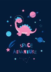 Poster with a cute space dino. Space adventures. Vector illustration