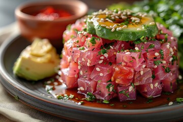 A delicate tartare of Ahi tuna, garnished with avocado, sesame seeds, and a drizzle of soy-ginger dressing. 