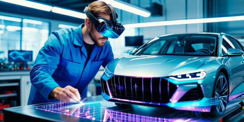 An auto mechanic wearing virtual reality glasses repairs a virtual car