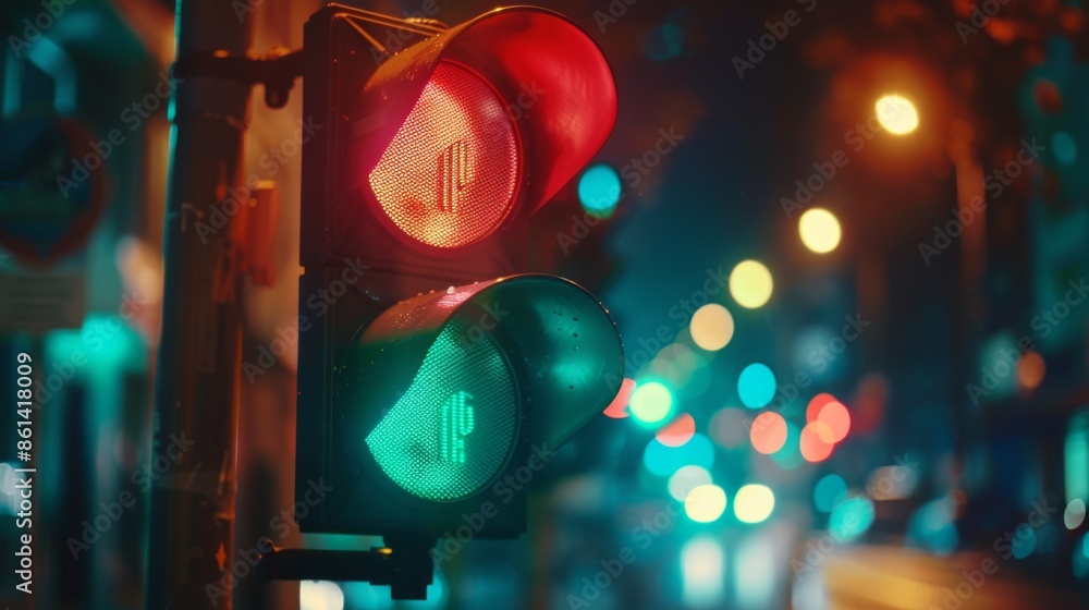 Poster close-up of a traffic light changing from red to green, captured during a transition