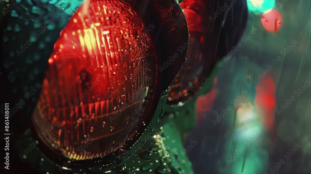 Poster close-up of a traffic light changing from red to green, captured during a transition