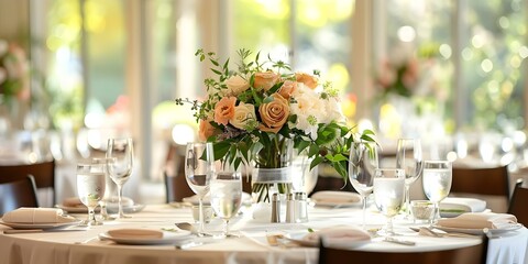 Tables at upscale wedding venue adorned with elegant decorations. Concept Upscale Wedding Venue, Elegant Decorations, Table Adornments, Luxurious Setting
