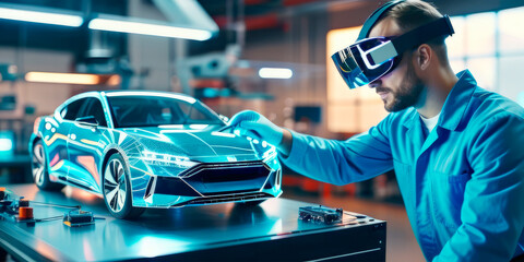 An auto mechanic wearing virtual reality glasses repairs a virtual car