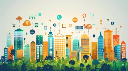 Fototapeta premium A vibrant illustration of a cityscape with various skyscrapers and tech icons above, depicting modern technology integration.