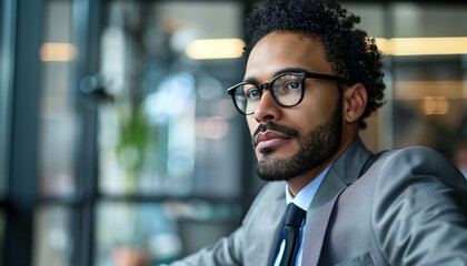 Fototapeta premium A thoughtful businessman in glasses looks out in contemplation, reflecting on his goals and aspirations in a modern office environment