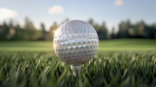 Close-up of a golf ball on a tee against a vibrant green golf course background, ready for a perfect shot under a clear sky.