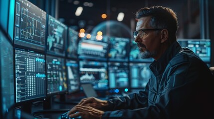 A digital representation of a futuristic control room with multiple monitors displaying complex data and a person analyzing the information.