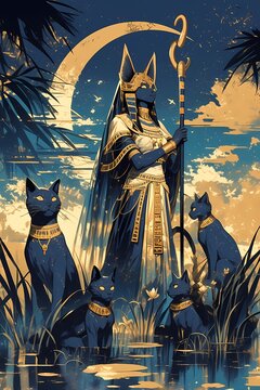 An ethereal vertical card of vector illustration background showcasing Bastet, the goddess of home and protection, with a lioness head and holding an ankh, surrounded by cat statues and papyrus reeds