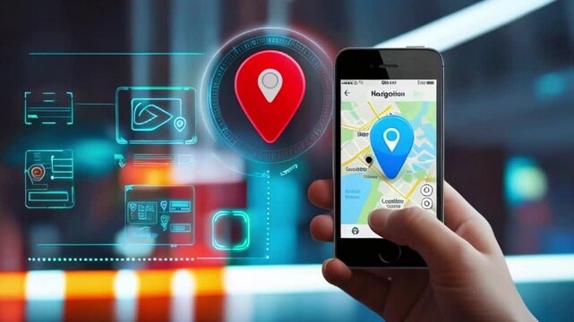 A hand holding a smartphone with a map on the screen and a red location marker.