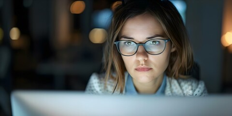 Focused woman in glasses working on computer in dark office. Concept Office Work, Concentration, Computer Use, Eyeglasses, Office Environment