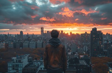 A man stands on a rooftop, facing towards a city skyline during a stunning sunset with dramatic clouds overhead, capturing a contemplative and introspective moment in an urban scene. - Powered by Adobe