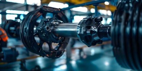 Fototapeta premium Selective focus used during installation of new CV joint driveshaft. Concept Automotive Maintenance, CV Joint Driveshaft, Selective Focus, Repair Procedure