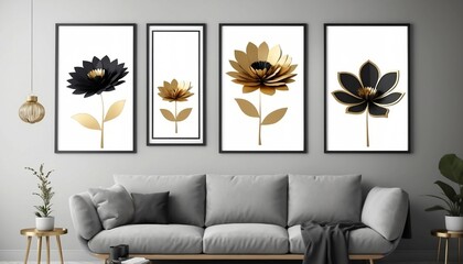 Set of three posters with 3d black and gold flowers, 3d illustration created with generative ai.