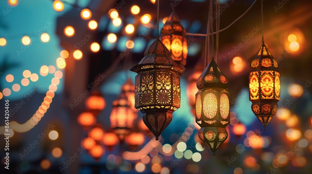 Poster decorative hanging lanterns with detailed designs illuminated by warm lights creating a festive and 