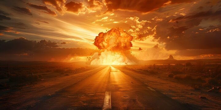 Retro style road leading to a massive nuclear bomb explosion. Concept Vintage, Apocalyptic, Photography, Atomic, Retro