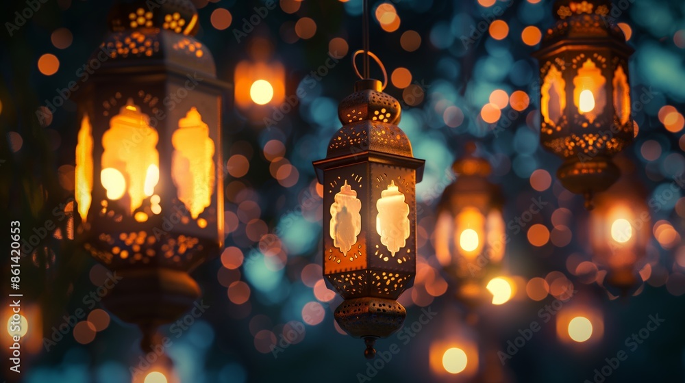 Poster hanging lanterns showcasing beautiful intricate patterns, warmly illuminated and suspended in front 