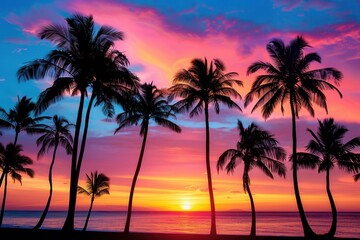 Palm trees stand silhouetted against a vibrant sunset on a tropical beach. The sky is ablaze with shades of orange, pink, and purple. Generative AI