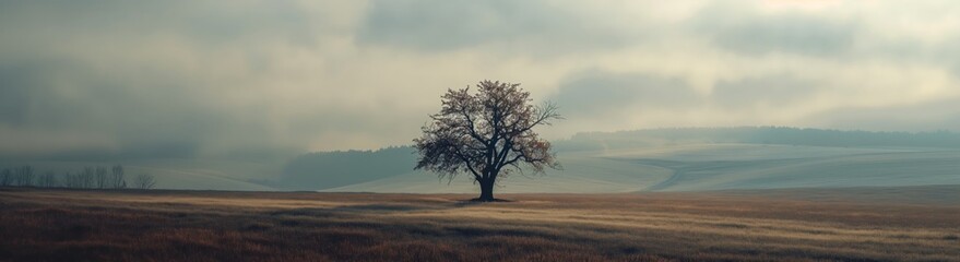 Obraz premium a lone tree on dried grass field in autumn time, lonely feeling scenery beauty nature landscape