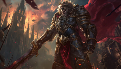 A powerful warrior in ornate armor stands before a burning city, exuding strength and defiance in an intense and dramatic battle scene