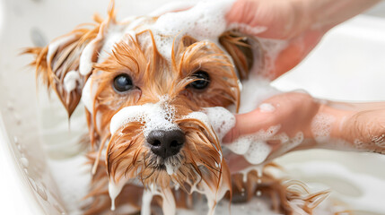Pet groomer washing cute maltipoo dog with shampoo in a grooming salon. Professional animal grooming service, pet care, small business concept.