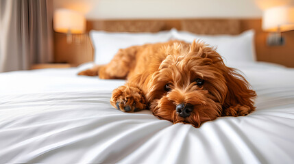 Cute Maltipoo puppy relaxing on a bed in a pet-friendly hotel room. Pet friendly accommodation, luxury pet travel.