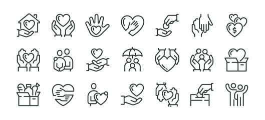 Premium Icons Pack on Charity and Donations. Such Line Signs as Volunteering and Compassion, Philanthropy Contribution and Sponsorship. Vector Icons Set for Web and App Outline Editable Stroke.