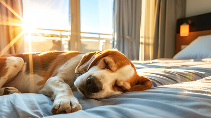 Cute Beagle sleeping on a bed in a pet-friendly hotel room. Pet friendly accommodation, luxury pet travel.