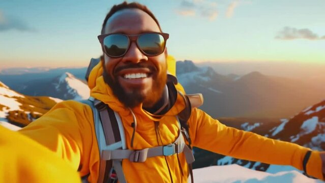 Man standing on the summit of mountain and taking a selfie, smiling, and enjoying his achievements