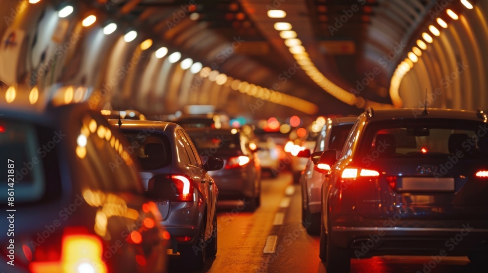 Poster traffic congestion in a tunnel with cars slowly moving towards the exit during rush hour