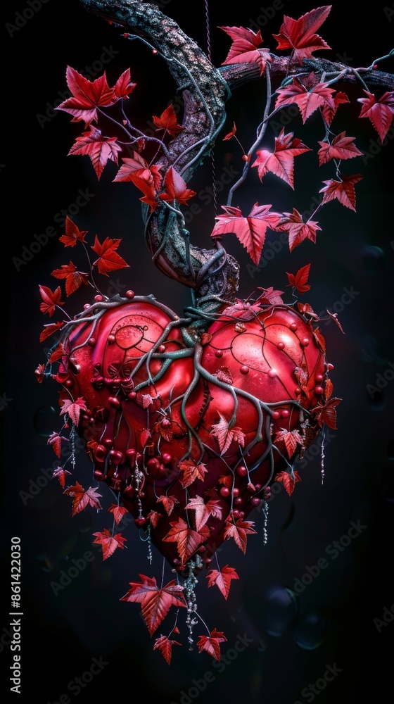 Wall mural Red heart shaped branches on a black background, symbolizing love and passion, vibrant indoor photography