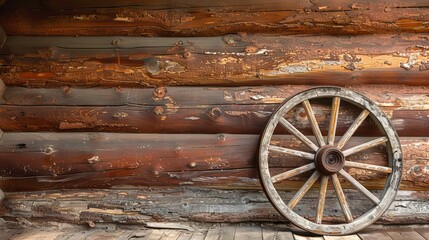 Obraz premium Old wooden wagon wheel on rustic wooden wall