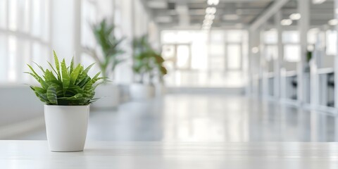 White office interior with blurred focus creates clean spacious minimalist aesthetic. Concept Minimalist Office Design, White Interior Decor, Spacious Workspace, Blurred Focus Aesthetic